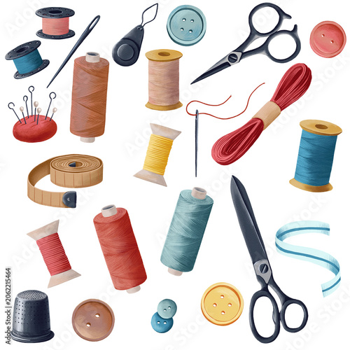 drawing sewing set, handcraft kit, spools of thread, buttons, needles, pins, scissors and a thimble isolated at white background, hand drawn illustration