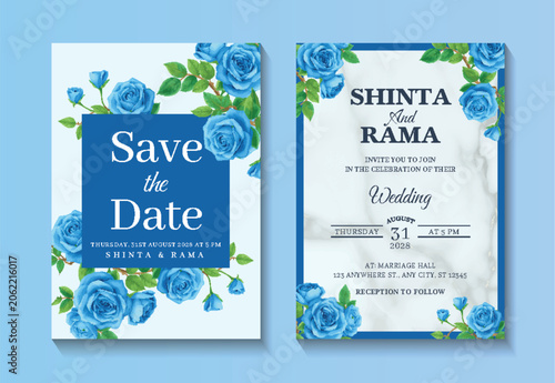 Elegant wedding invitation card template set with blue rose flowers and marble background