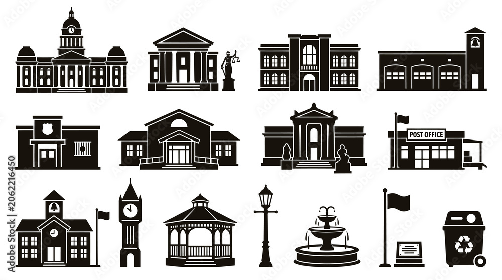 Naklejka premium Black and White Vector Icons of Civic Buildings and City Elements