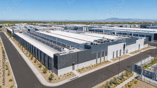 Modern Hyperscale Data Center Campus Exterior with Cloud Computing Infrastructure