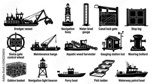 Black and White Waterway Engineering and Maritime Icons - Navigation, River Management  Infrastructure Glyphs