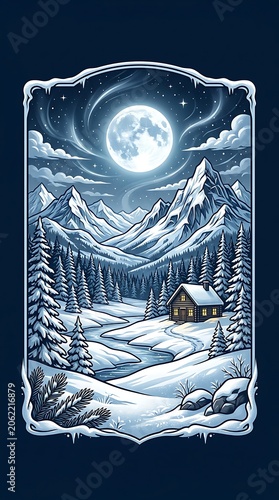 Cozy cabin in snowy mountain landscape under a bright full moon