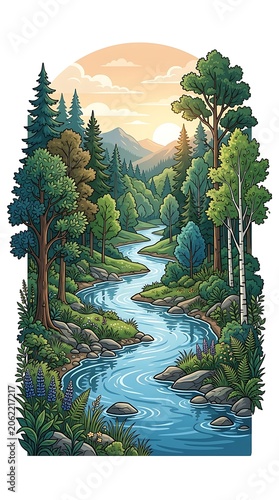 Scenic winding river flowing through a lush pine forest at sunset