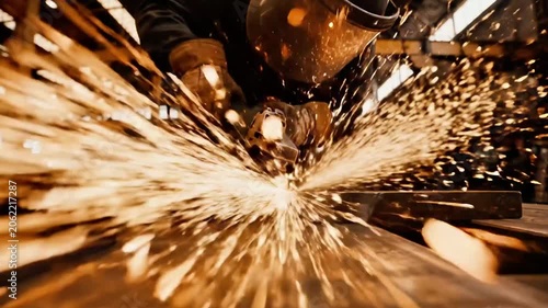 A person in protective gear sparks fly while cutting metal with an angle grinder