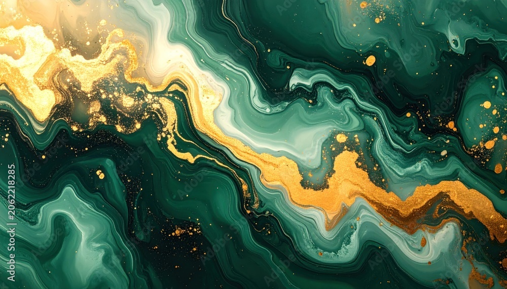 Obraz premium Emerald & gold swirling abstract art with fluid strokes, light flares & hints of glitter