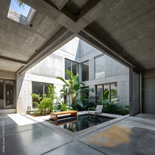 Minimalist concrete residence frames tranquil internal garden view