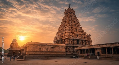 Sunsetlit Ancient Temple Complex with Ornate Tower