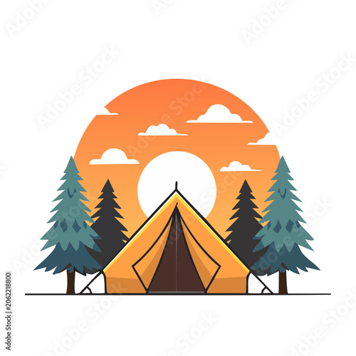 Camping tent at sunset with pine trees and clouds