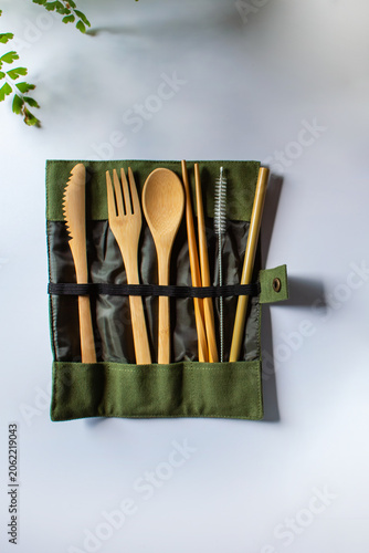 Reusable bamboo cutlery set and straw in carrying case