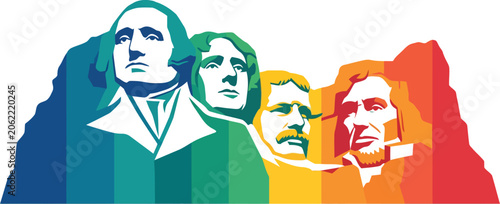 Mount rushmore national memorial in colorful geometric vector art style presidents usa landmark destination travel background.
