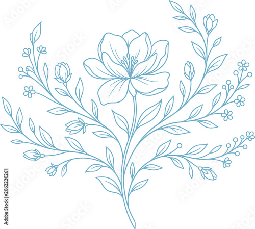 Delicate floral outline vector illustration elegant plant drawing with leaves and flowers for nature inspired design element.