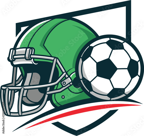 American football helmet and soccer ball emblem vector art with grunge texture and abstract background.