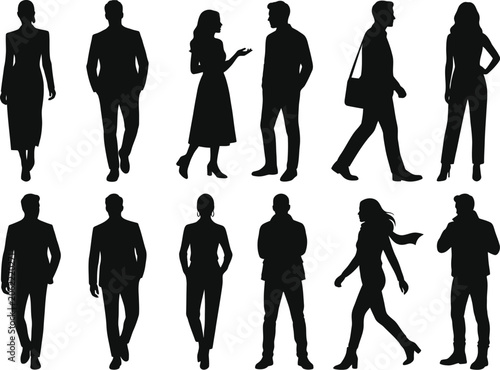 Silhouettes of business people walking and talking in urban setting vector illustration.
