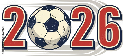 Soccer ball illustration featuring 2026 text with motion streaks graphic design element isolated on transparent background for sports events.