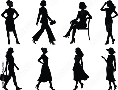 Elegant female silhouettes in various poses and outfits vector collection.