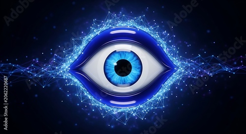 Vivid Blue Eye Surrounded by Neon Network