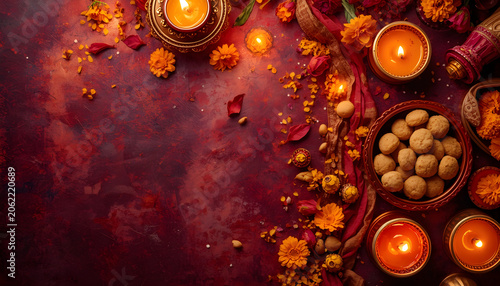 Diwali Festive Flatlay with Marigold Flowers, Diyas, and Sweets on Red Texture