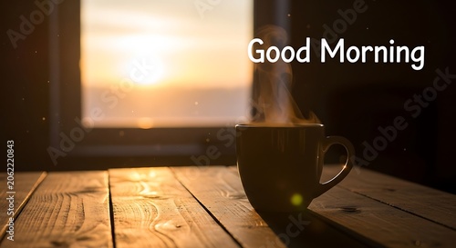 Warm Morning Coffee Cup on Wooden Table with Sunrise Light
