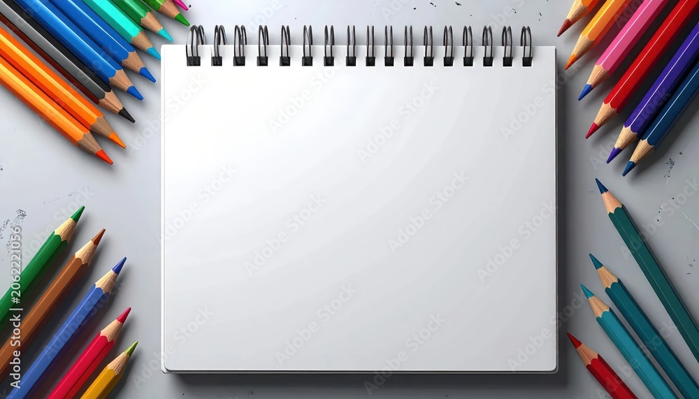 Fototapeta premium Blank Spiral Notebook Surrounded by Colorful Pencils on a Gray Surface.