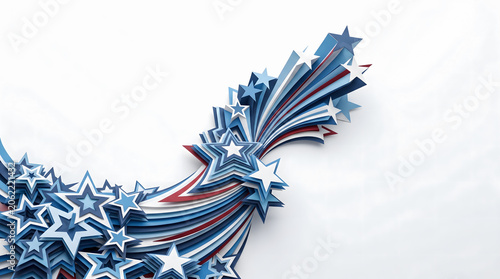 A dynamic abstract wave of layered 3D papercut stars in patriotic red, white, and blue blasting upwards diagonally against a clean white background