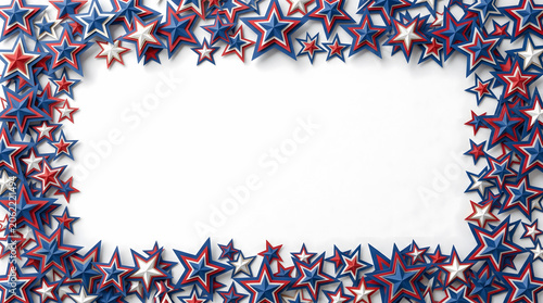 A full rectangular frame border composed of multi-layered 3D papercut patriotic stars in red, white, and blue surrounding a clean empty white center space for text and announcements