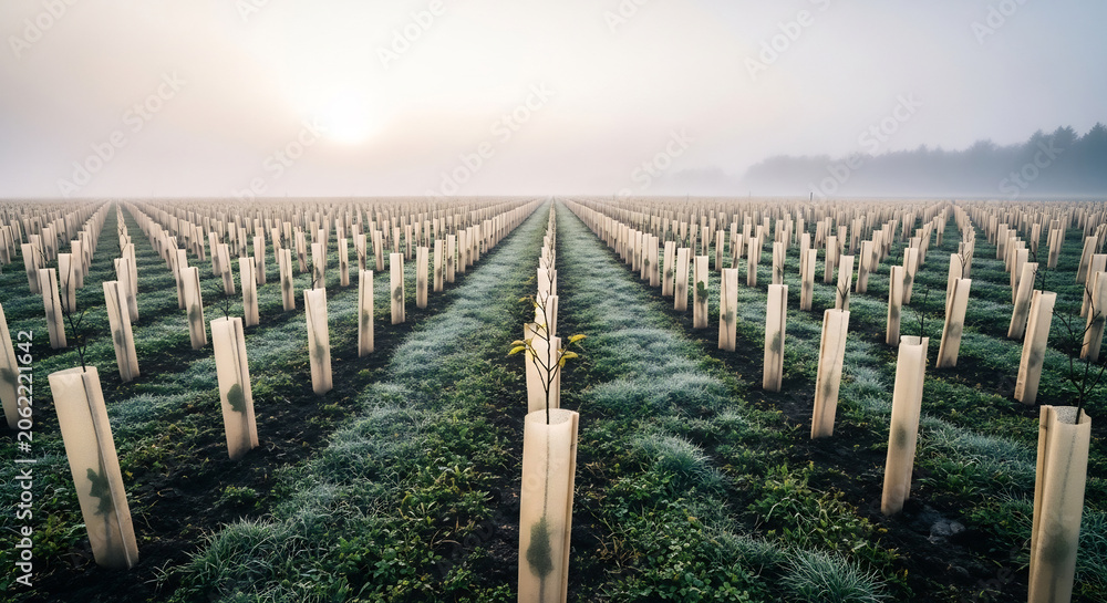 Obraz premium New reforestation site with saplings in spring forest