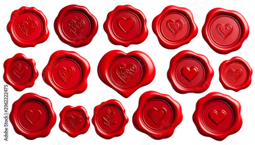 Red Wax Seals with Heart Designs Isolated Transparent Background