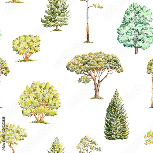 seamless pattern with pencil drawing green trees on white, nature background, hand drawn illustration