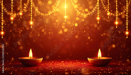 Elegant Diwali Background with Burning Diyas and Golden Hanging Lights