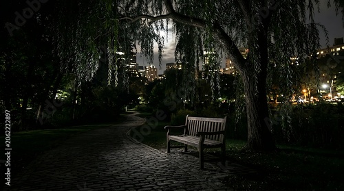 Empty wooden bench under a weeping willow tree in a park at night