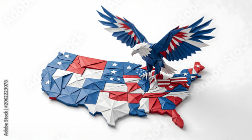 3D geometric origami illustration of a bald eagle with wings spread wide, flying over a low-poly United States map styled in patriotic red, white, and blue colors on a clean white background.