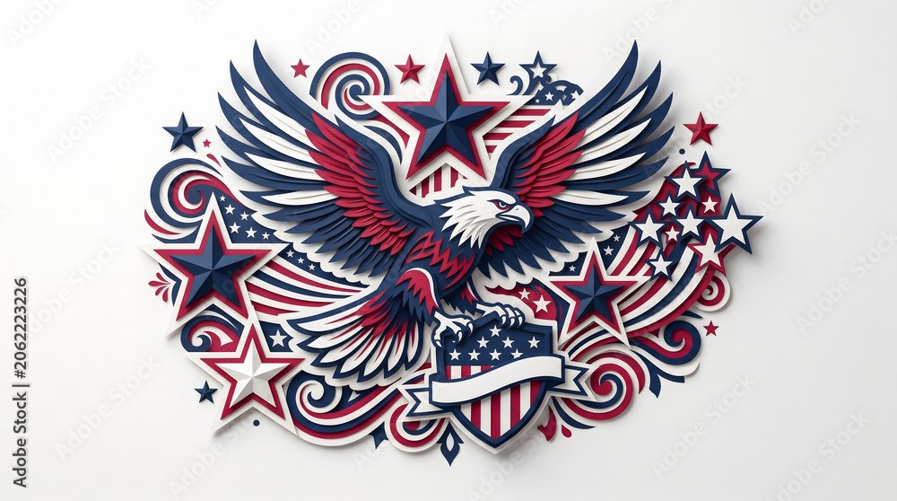 Fototapeta premium papercut artwork of a majestic American bald eagle with open wings, featuring a patriotic shield, ornamental swirls, and stars in a clean, symmetrical layout against a white background.