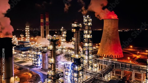 Industrial complex with cooling tower and smokestacks at night