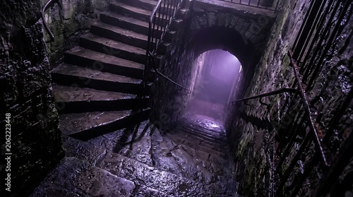 Dark ancient stone staircase descending into mysterious purple mist