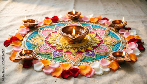 Clay Diya Placed on Colorful Flower Petals Rangoli for Deepavali
