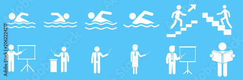 Modern white pictogram collection combining swimming actions, stair navigation, teaching, and reading icons on a blue background for clear visual communication.