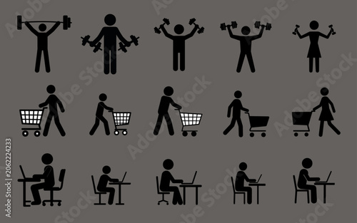 Minimal black silhouette icon collection showing workouts, shopping activities, and office tasks, perfect for business, lifestyle, health, and UI projects.