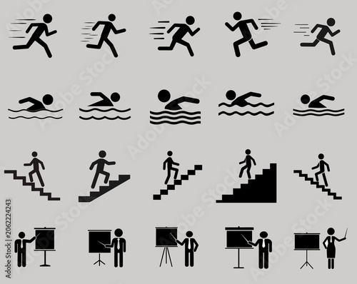 Minimal black silhouette icon collection showing workouts, shopping activities, and office tasks, perfect for business, lifestyle, health, and UI projects.