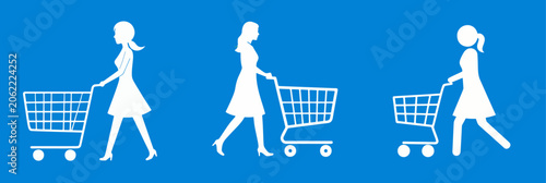 ​A clean blue and white silhouette graphic depicting a woman's shopping journey. It elegantly captures the motion and essence of retail therapy, consumer behavior, or a grocery trip.