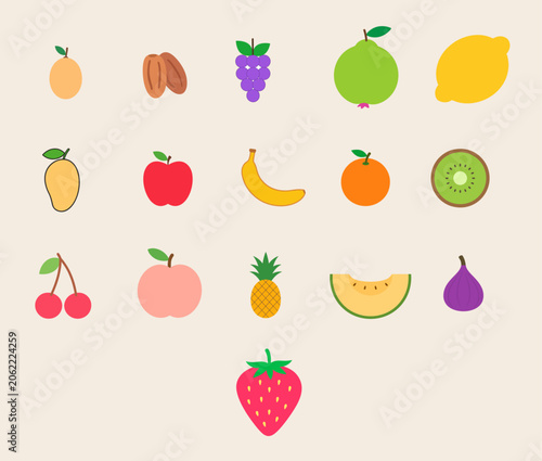 Cute colorful fruit icon set featuring apple, banana, grape, kiwi, strawberry, pineapple, cherry, mango, lemon, and more in a simple flat cartoon style.