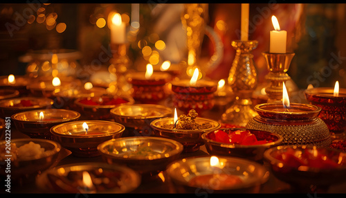 Close Up of Multiple Burning Brass and Clay Diyas for Traditional Diwali Pooja