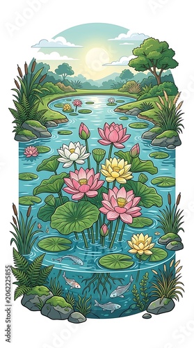 Serene garden pond with blooming lotus flowers and swimming fish