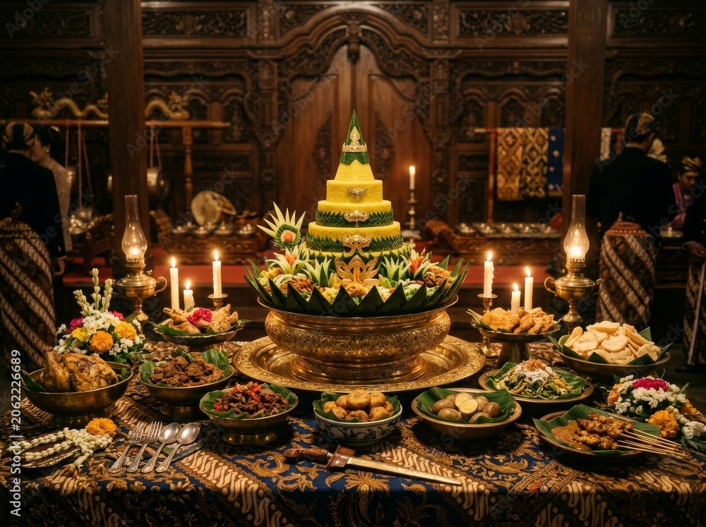 Obraz premium luxurious Javanese royal tumpeng inspired by ancient palace cuisine, elegant golden decorations, batik cloth table setting, traditional Indonesian side dishes arranged artistically, warm candle lighti