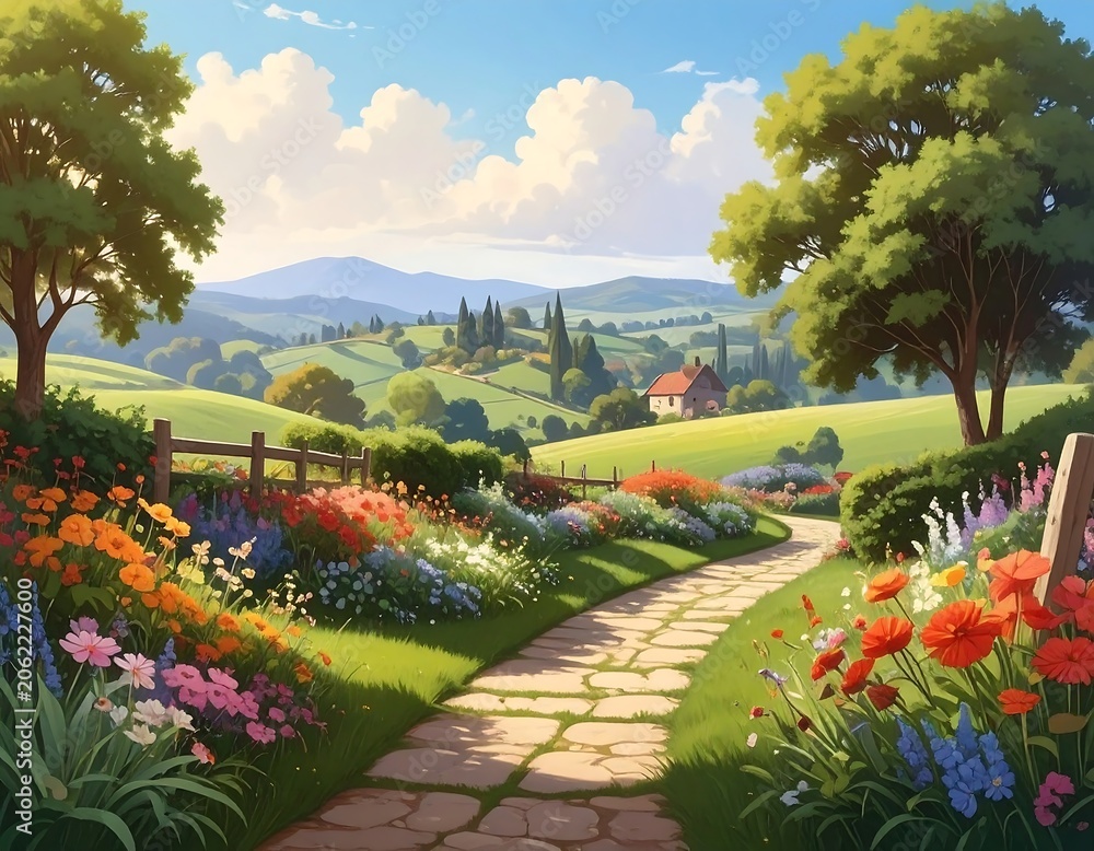 Fototapeta premium A serene pathway meanders through vibrant flowers and trees in a picturesque countryside landscape with rolling hills and distant mountains
