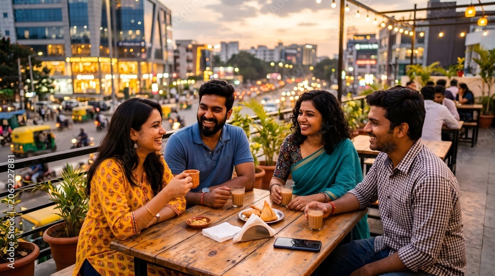 Obraz premium Indian Friends Enjoying Chai and Snacks at Rooftop Cafe Sunset