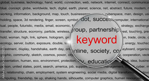 Magnifying glass highlighting keyword text on digital document representing online search and content strategy concepts
