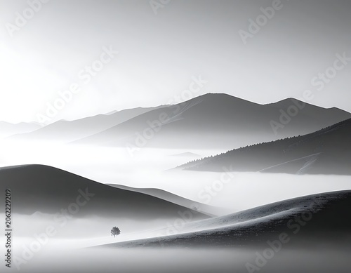 Serene misty mountain landscape with hills.