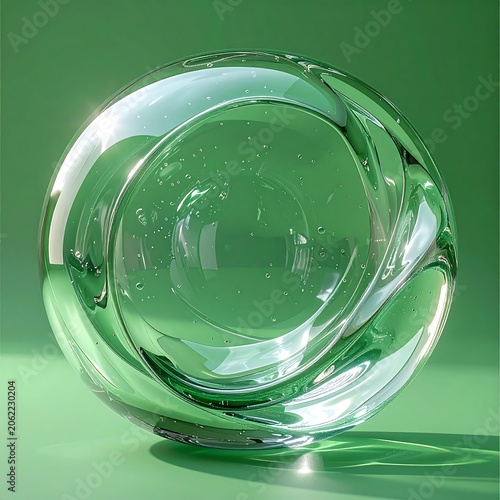 A transparent glass sphere with swirling patterns on a green background