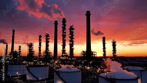 Industrial complex at sunset with numerous smokestacks and storage tanks