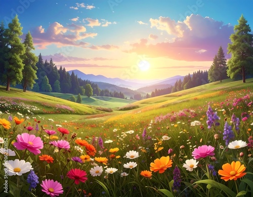 A serene and vibrant landscape of a flower field at sunset